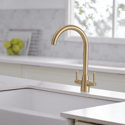 Heable Dual Lever Kitchen Sink Mixer Tap With Brushed Gold Finish And Uk Standard Fittings from B&Q