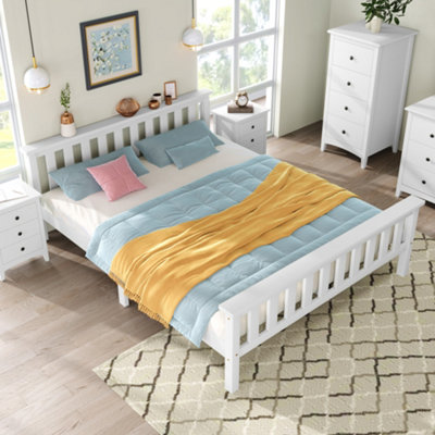 Abrihome Double Bed Wooden Frame 4Ft6 Double Wooden Bed In White For AdultsKidsTeenagers from B&Q