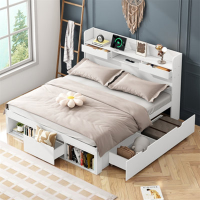 Abrihome 135X190CmDouble BedWith Usb Port & Drawers & Storage CabinetYouth BedLarge Storage SpaceWithout MattressWhite from B&Q