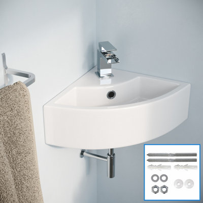 B&Q -  Tulla 465 X 325mm Cloakroom Small Quarter Circle Corner Wall Hung Basin Sink And Wall Fixings