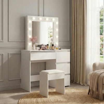 Levede Unisex Bright Green Vanity Makeup Dressing Table White With Led Light Mirror Drawer Pu Stool In Size 12 - Image 3