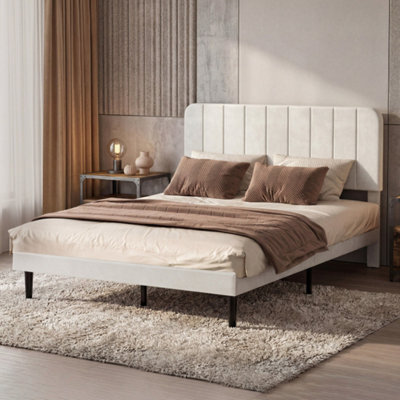 Levede Unisex White Bed Frame Upholstered Platform Bedframe Adjustable Headboard In Double - Image 2