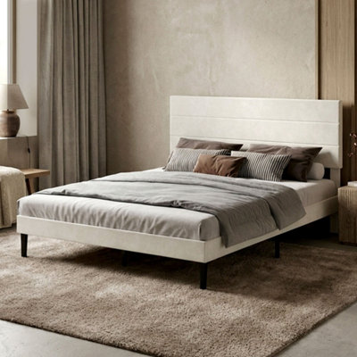 Levede Unisex White Bed Frame Upholstered Headboard Platform Velvet Foam Fabric King - Image 3