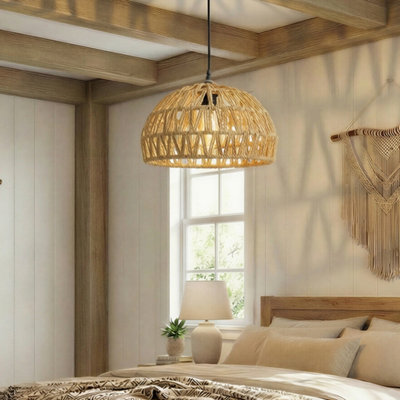 B&Q -  Rustic Ceiling Pendant Light Shade Hemp Rope Lamp Shade Boho Yellow
