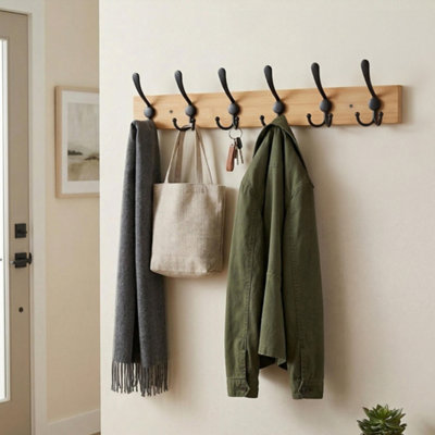 65 cm Coat Hooks Wall Mount Wood Bamboo Wall Coat Rack 6 Metal Hooks Brown Black - Image 3