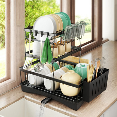 Toque Unisex Black Dish Drying Drainer Rack 3 Tier Drip Tray Plate Cup Cutlery Holder In - Image 2