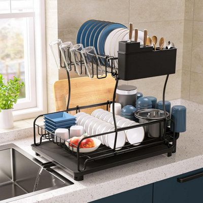  - 2-Tier Dish Drying Rack With 360 Rotating Drainboard Rustproof Carbon Steel Kitchen Drainer Cutlery Holder & Removable Drip Tray