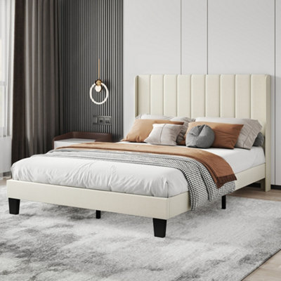 Levede Unisex Beige Bed Frame Metal & Wood Plush Upholstered Mattress Base In Double - Image 4
