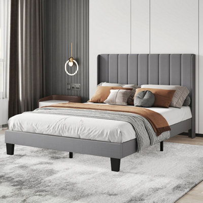 Levede Double Bed Frame with Upholstered Grey Vertical Panel Headboard and Metal Slatted Base - Image 4