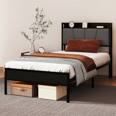 Levede Unisex Black Metal Bed Frame Platform Linen Upholstered Headboard Storage In | : Single - Image 3