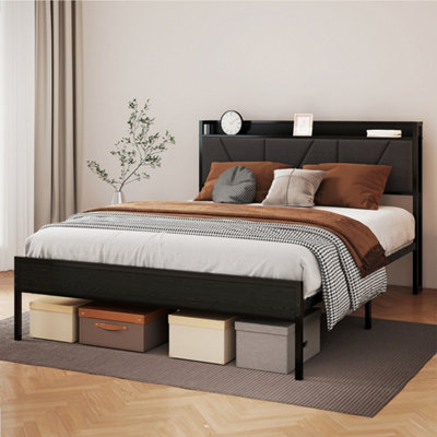 Levede Unisex Black Metal Bed Frame Platform Linen Upholstered Headboard Storage In | : Double - Image 4