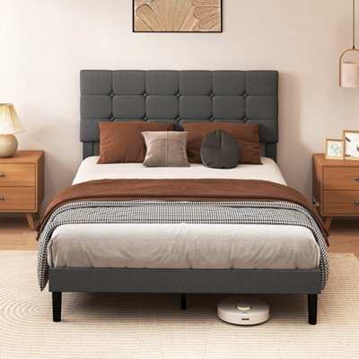 Levede Bed Frame Upholstered Linen Headboard Tufted Wooden Slat Double Size Grey, Grey - Image 3