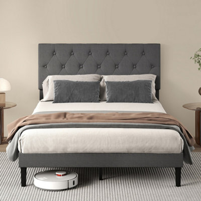 Levede Small Double Upholstered Bed Frame with Button Tufted Headboard in Grey Linen, 124 x 193.5 x 106cm - Image 3