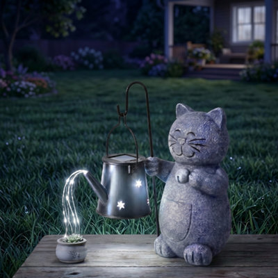 Emitto Unisex Grey Solar Light Cat Garden Statue Ornament, Resin Metal, Stone Black - Image 3