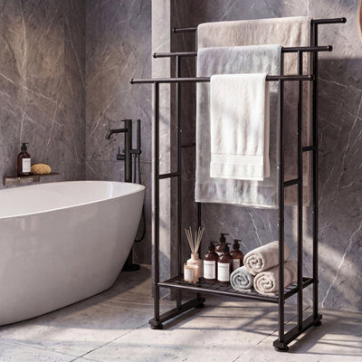 B&Q -  Towel Rail Metal Rack With Basket 3-Tier Storage Anti-Slip Foot,black