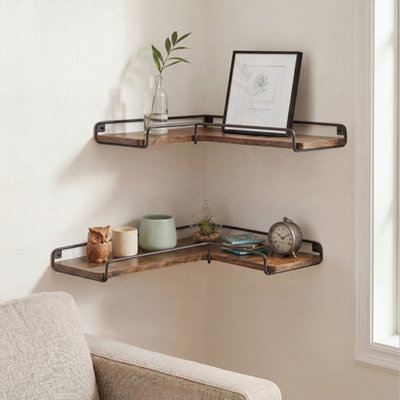 B&Q -  Floating Shelves Set Of 2 L-Shaped Corner Shelves Wall Mounted Brown