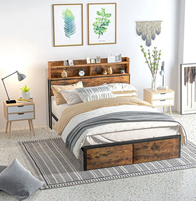 A wooden bed with built-in shelves on the headboard for additional storage space.