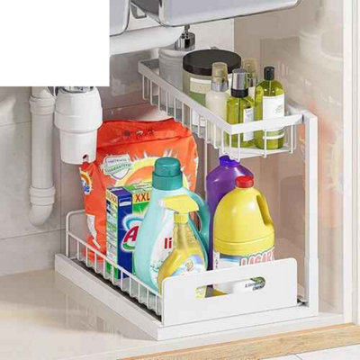 2 Tier Pull Out BasketKitchen Under Sink Cupboard OrganiserDrawer StorageWhite from B&Q