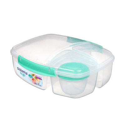 B&Q -  Triple Split To Go 2L (67.6 Oz) Lunch BoxTurquoise3-Compartment With 150Ml Yogurt PotLeak-ProofBpa-Free