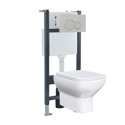 Nes Home White Square Wall Hung Toilet With Frame & Round Button Flush Plate from B&Q