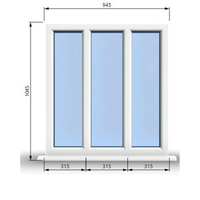 945mm (W) x 1045mm (H) PVCu StormProof Casement Window - 3 Panes Non Opening Window -  White Internal & External