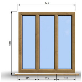 945mm (W) x 1045mm (H) Wooden Stormproof Window - 3 Pane Non-Opening Windows - Toughened Safety Glass