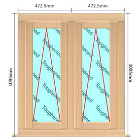 945mm (W) x 1095mm (H) Wooden Stormproof Window - 2 Opening Windows (Opening from Bottom) - Toughened Safety Glass