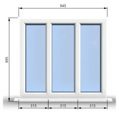 945mm (W) x 895mm (H) PVCu StormProof Casement Window - 3 Panes Non Opening Window -  White Internal & External