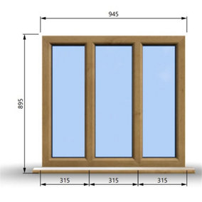 945mm (W) x 895mm (H) Wooden Stormproof Window - 3 Pane Non-Opening Windows - Toughened Safety Glass