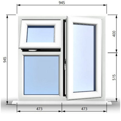 945mm (W) x 945mm (H) PVCu StormProof  - 1 Opening Window (RIGHT) - Top Opening Window (LEFT) - Toughened Safety Glass - White