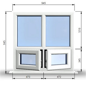 945mm (W) x 945mm (H) PVCu StormProof Casement Window - 2 Bottom Opening Windows - Toughened Safety Glass - White