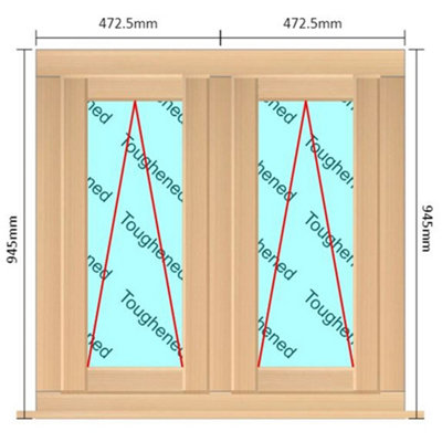 945mm (W) x 945mm (H) Wooden Stormproof Window - 2 Opening Windows (Opening from Bottom) - Toughened Safety Glass