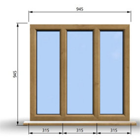 945mm (W) x 945mm (H) Wooden Stormproof Window - 3 Pane Non-Opening Windows - Toughened Safety Glass