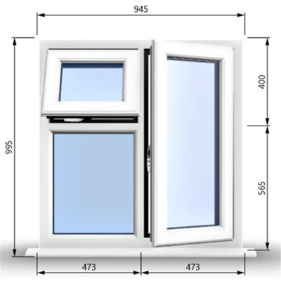 945mm (W) x 995mm (H) PVCu StormProof  - 1 Opening Window (RIGHT) - Top Opening Window (LEFT) - Toughened Safety Glass - White
