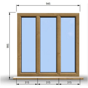 945mm (W) x 995mm (H) Wooden Stormproof Window - 3 Pane Non-Opening Windows - Toughened Safety Glass