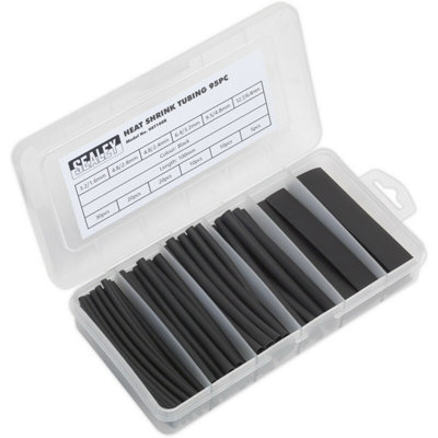 95 Piece Black Heat Shrink Tubing Assortment - 100mm Length - Thin Walled