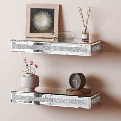 B&Q -  Mirrored Crushed Diamond Floating Wall Mounted Shelf Glitz Sparkle 40Cm