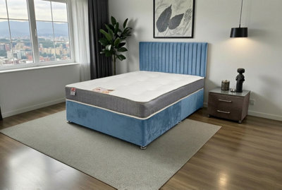 Knight Sleep Emily Sky Plush Bed Set With Orthopaedic Mattress, No Drawers & 24"Headboard - Single 3Ft