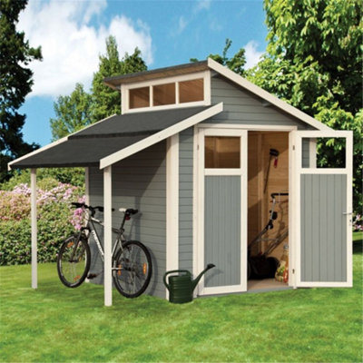 Cheshire 7 X 10 Skylight Shed With Lean To - Double Doors -19mm Tongue And Groove Walls, Floor + Roof - Painted With Light Grey