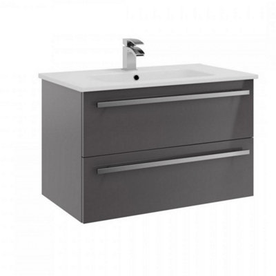 Clifton Bathroom 2-Drawer Wall Hung Vanity Unit With Ceramic Basin 800mm WideStorm Grey Gloss Brassware Not Included from B&Q