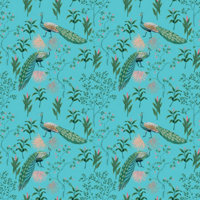B&Q -  Eco-Friendly Teal Colourful Peacock Wallpaper