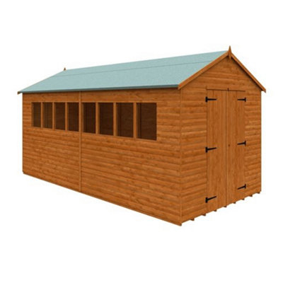 Horsforth 16 X 8 (4.88M X 2.44M) Wooden Log Lap Apex Workshop With 12mm T&g Floor & Roof & 8 Windows - Double Doors (16Ft X 8Ft) (16X8)