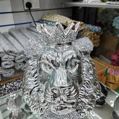 Biznest Silver Chrome Crushed Diamond Lion King Face Crystal Ornament Statue Shelf Décor from B&Q