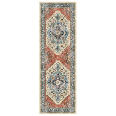 Blue Bordered Geometric Rug For Bedroom& Living Room7mm Thick Stain-Resistant Traditional Rug60Cm X 180Cm (Runner) from B&Q