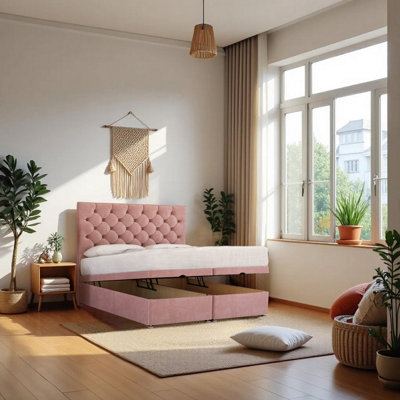 B&Q -  End Opening Ottoman Bed Pink Plush 3Ft  With Mattress & 24"headboard -Single