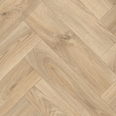  - Beige Herringbone Wood Effect Vinyl Flooring For LivingroomKitchen2.8mm Backed Vinyl Sheet-3M(9'9") X 3M(9'9")-9M²