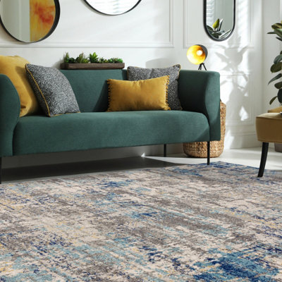 Beige Blue Modern Abstract 9mm Thick Stain-Resistant Rug For Bedroom& Dining RoomEasy To Clean Rug-160Cm X 230Cm from B&Q