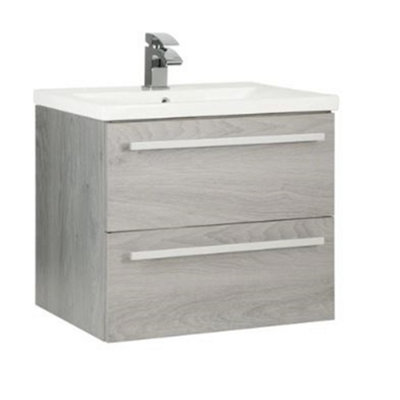 Clifton Bathroom 2-Drawer Wall Hung Vanity Unit With Mid Depth Ceramic Basin 600mm WideSilver Oak Brassware Not Included from B&Q