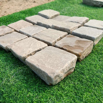 B&Q -  Raj Green Tumbled Sandstone 100X100mm ,pack Of 600Natural Stone For Driveway InstallationsGarden Walkways And Landscaping