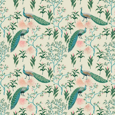 B&Q -  Eco-Friendly Beige Colourful Peacock Wallpaper
